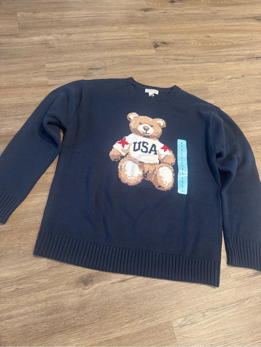 Mighty Fine Navy Crewneck Sweater with Teddy Bear USA Motif